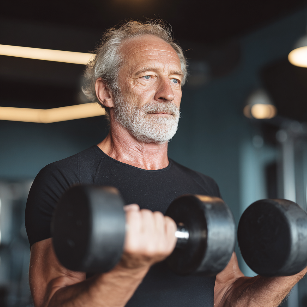 Чоловік 58 років виконує силові вправи з гантелями в сучасному тренажерному залі