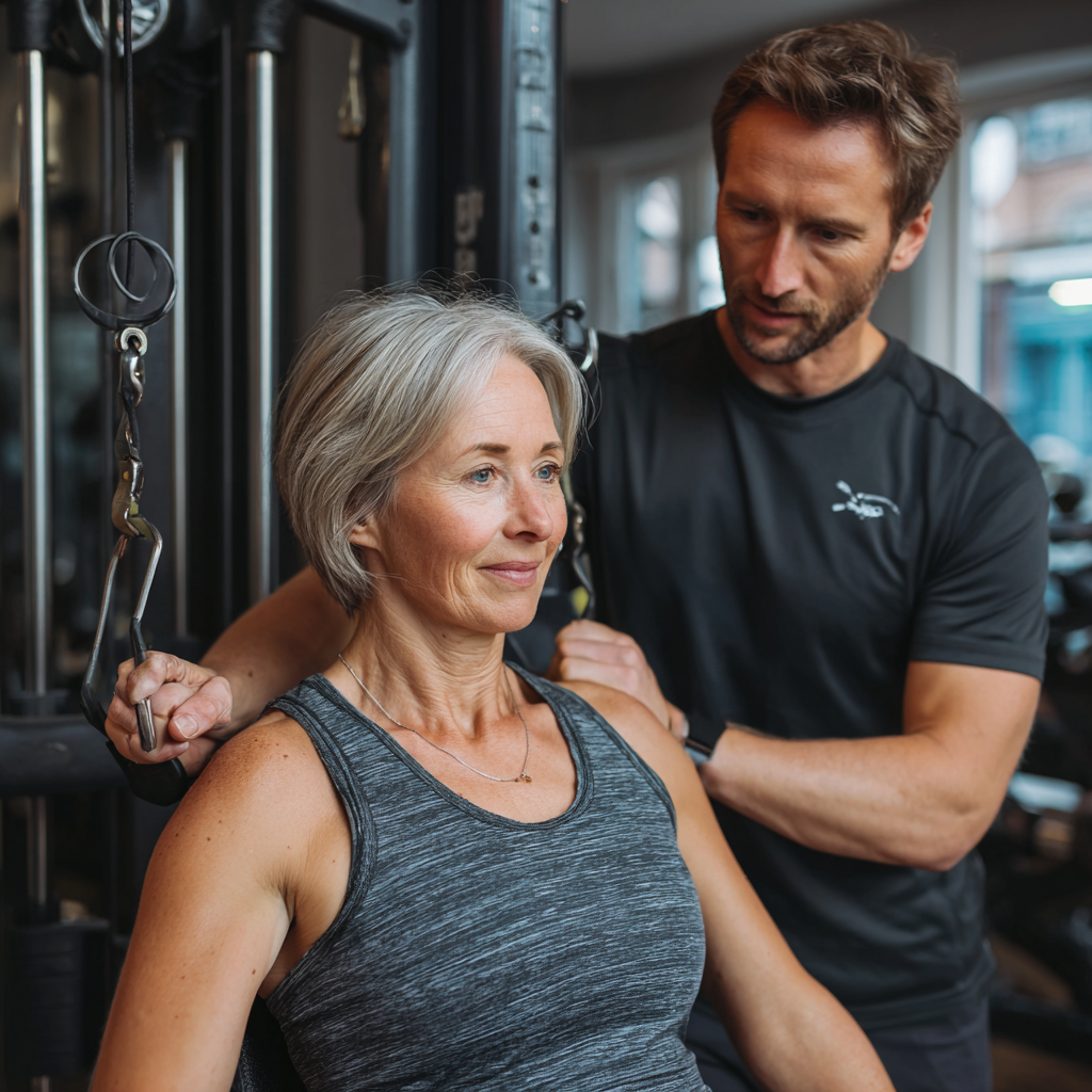 Персональний тренер працює з жінкою 52 років, показуючи правильну техніку виконання вправ